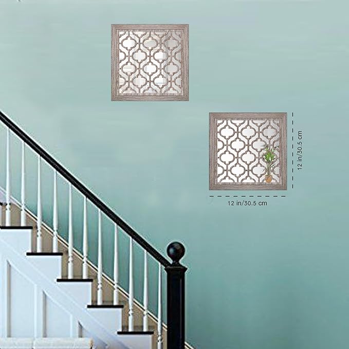 Yudarte 2pcs Set Square Moroccan Cutout Wall Mirror Decor - Farmhouse Rustic Decorative Mirrors for Bedroom Bathroom Living Room Kitchen Entryway 12x12 Inches