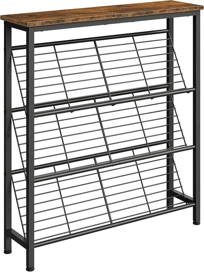 Shoe Rack, 4-Tier Narrow Shoe Storage Shelf, Slim Shoe Rack with Wooden Top and Metal Shelves, Slanted Shoe Organizer, Industrial Style, for Entryway, Hallway, Rustic Brown and Black TXJ76BF