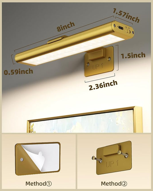 EZVALO Picture Light for Wall, Rechargeable 2400mAh Battery Lights Wireless Remote, 3 Color & Dimmable Magnetic 7.87'' LED Lights Display for Painting, Living Room, Gallery, Bedroom(Gold-2P)