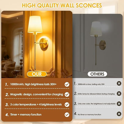 OCATO Battery Operated Wall Sconce: 10000mAh Wireless Wall Sconces Set of Two Rechargeable Lamp Dimmable Magnetic Lights with 7 RGB Colors and Remote Walls Decor for Bedroom Living Room Hallway