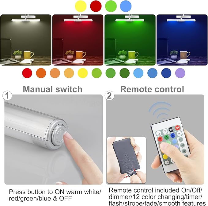 LUXSWAY Wireless Picture Lights for Paintings,Rechargeable Battery Art Display Light with Remote Control,Dimmable and Timer Off Dart Board Light with Aluminum Finish,Upgrade 12 Color Changing-Silver