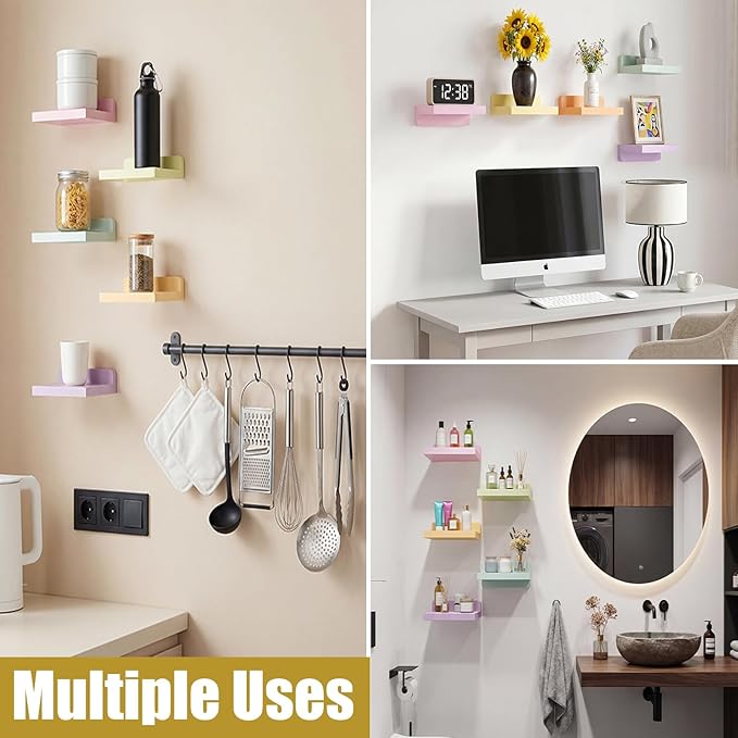 Novabright 5 Pack Small Floating Shelves Mini Shelves Hanging Display 5 Inch Wood Wall Shelf for Plant Bathroom Livingroom Bedroom with 2 Types of Installation Nursery Decor(Macaron)