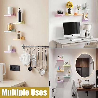 Novabright 5 Pack Small Floating Shelves Mini Shelves Hanging Display 5 Inch Wood Wall Shelf for Plant Bathroom Livingroom Bedroom with 2 Types of Installation Nursery Decor(Macaron)