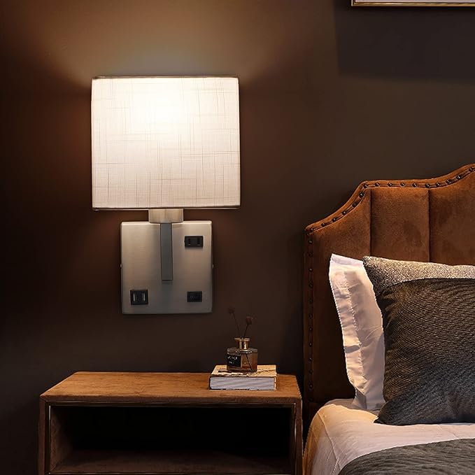 AVV Bedroom Sconces Set of 2, Wall Mounted Bedside Lamps with USB Port, AC Outlet and 3 Color Selectable 2700K/4000K/5000K, Wall Lamps for Bedroom Living Room Hotel, Hardwire, Nickel