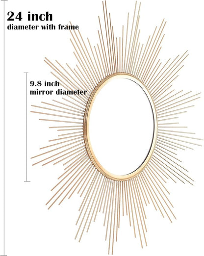 Cityelf 24'' Large Gold Sunburst Wall Mirror Boho Home Decor Round Wall Art Mirror for Living Room/Bedroom/Bathroom/Entryway