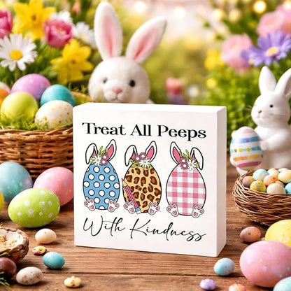 Easter Decorations Treat All Peeps With Kindness Wooden Box Sign, Cute Bunny Spring Desk Decor, Farmhouse Easter Shelf Plaque Gift for Teacher Classroom Home Office