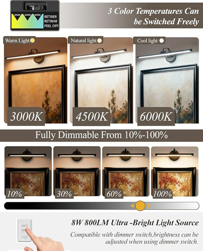 Hardwired Picture Light for Wall, 16 Inch Modern Brass Dimmable Frame Light with Adjustable Swing Arm, 3CCT LED Art Display Light for Paintings,120 Volts Gallery Wall Light, Hallway Vanity Light, 6W
