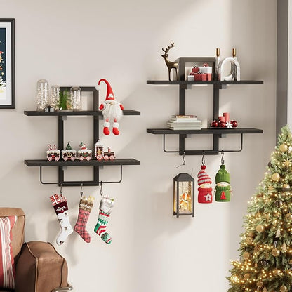 Floating Shelves, 15" Wall Shelf Set of 2, Hanging Bathroom Shelves 2-Tier, Wall Mounted Storage Shelves, for Living Room Bedroom Bathroom Kitchen Office Coffee Bar, Black