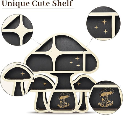 Wooden Mushroom Floating Shelves, Crystal Display Shelf for Wall, Cute Mushroom Wall Decor, Rock Gem Stone Storage Organizer, Essential Oil Holder Hanging Case, Meditation Art Spiritual Gift