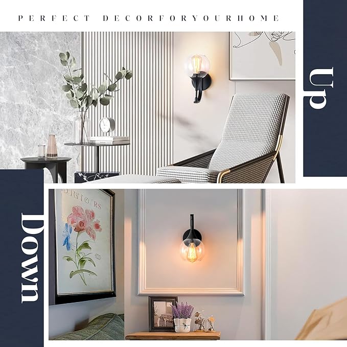 1-Light Bathroom Wall Sconces,Matte Black Sconces Wall Lighting with Clear Glass Shade,Modern Vanity Light Fixtures,Indoor Lamp Wall Mount Light for Mirror, Bedroom