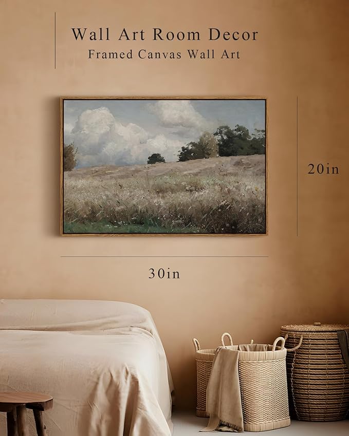 InSimSea Framed Canvas Wall Art Vintage Decor, Farmhouse Scenery Vast Field Grassland Paintings, Large Prints, Nature Landscape Hanging Wall Decoration for Living Room Bedroom Bathroom, 20