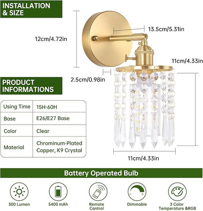 Set of 2 Crystal Battery Operated Wall Sconce, Rechargeable Battery Powered Wall Lamp with Remote Control, Modern Dimmable Wireless Wall Lights for Bedroom Bathroom(Transparent, Gold Base)