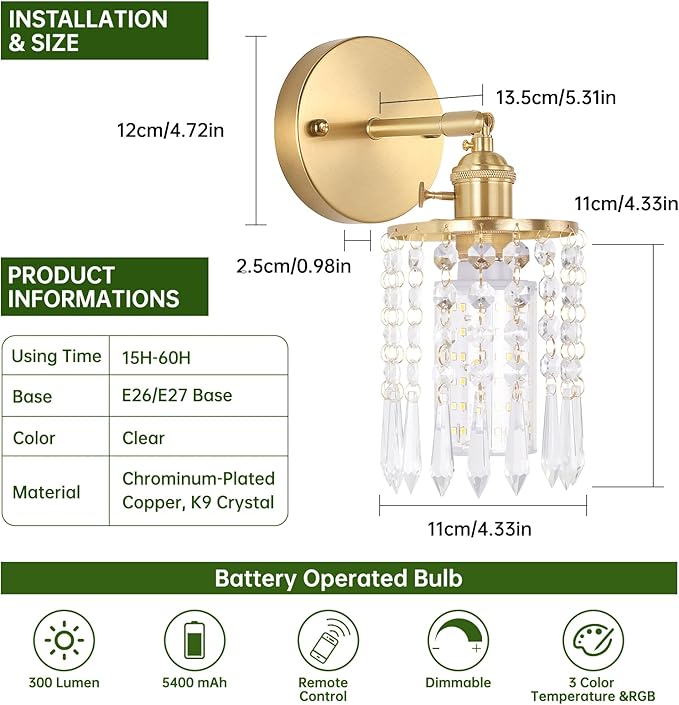 Set of 2 Crystal Battery Operated Wall Sconce, Rechargeable Battery Powered Wall Lamp with Remote Control, Modern Dimmable Wireless Wall Lights for Bedroom Bathroom(Transparent, Gold Base)