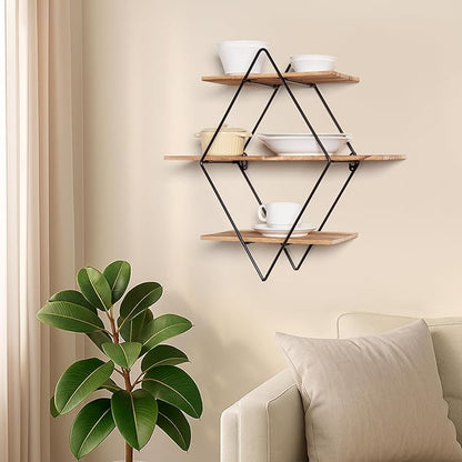 Modern Wooden Floating Wall Shelf Decor for Wall Storage – Geometric Design Decorative Wall Mount 3-Tier Hanging Shelf Plant Display for Bedroom, Living Room, Bathroom, Kitchen