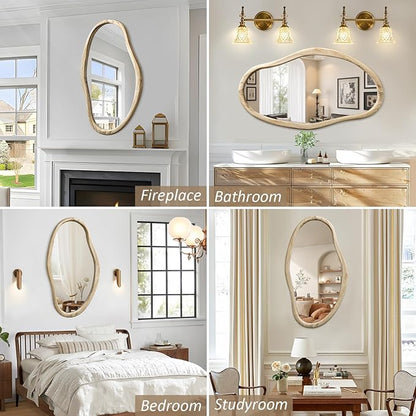 JJUUYOU Irregular Wood Mirror Asymmetrical Bathroom Wall Mounted Mirror 34"x22" Large Horizontal or Vertical Hanging Wall Mirrors for Makeup Bedroom Living Room Wood