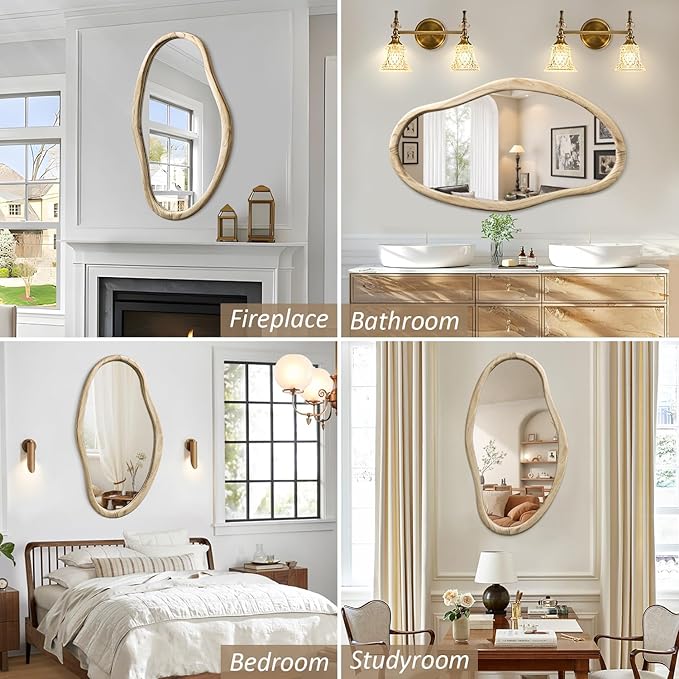 JJUUYOU Irregular Wood Mirror Asymmetrical Bathroom Wall Mounted Mirror 34