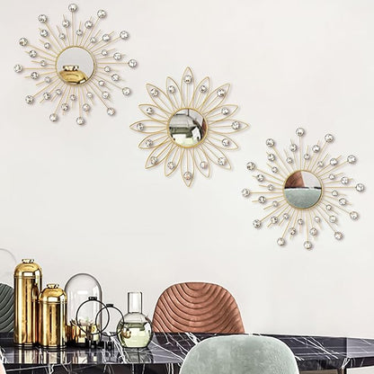 Uaussi 3 Pack Crystal Sunburst Wall Mirror Décor Rhinestone Mirrors Decorative Home Wall Art for Living Room Bedroom Entryway(Flower+Sunburst Gold)