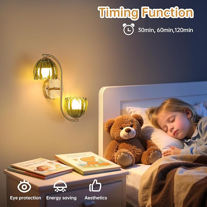 Battery Operated Wall Sconce, 2-Lights Vinatge Brass Wall Lighting Up and Down with Green Tulip Shade for Living Room, Bedroom, Symmetrical 2 Pack