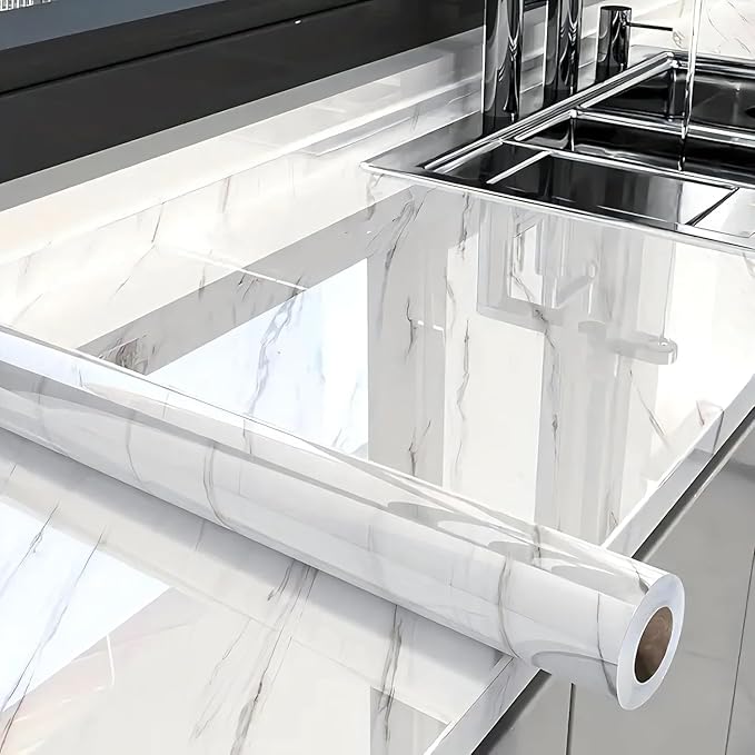 Glossy Marble Contact Paper White Peel and Stick Wallpaper Marble Wallpaper Self-Adhesive Removable 23.6