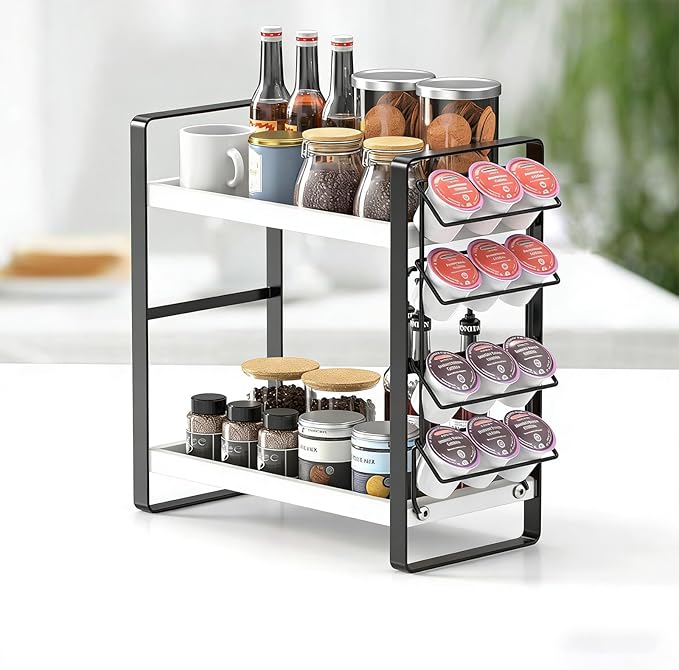 LEMIKKLE Coffee Station Organizer for Counter, Coffee Pods Holder Storage, Wooden Kitchen Counter Shelf, (WHITE)