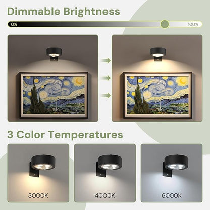 L LOHAS LED Black Battery Operated Picture Light, 3Pcs Magnetic Led Painting Light with Remote Dimmable and Timer, Art Display Light for Picture Frame Paintings, Wireless Wall Decor Puck Lights, 3CCt