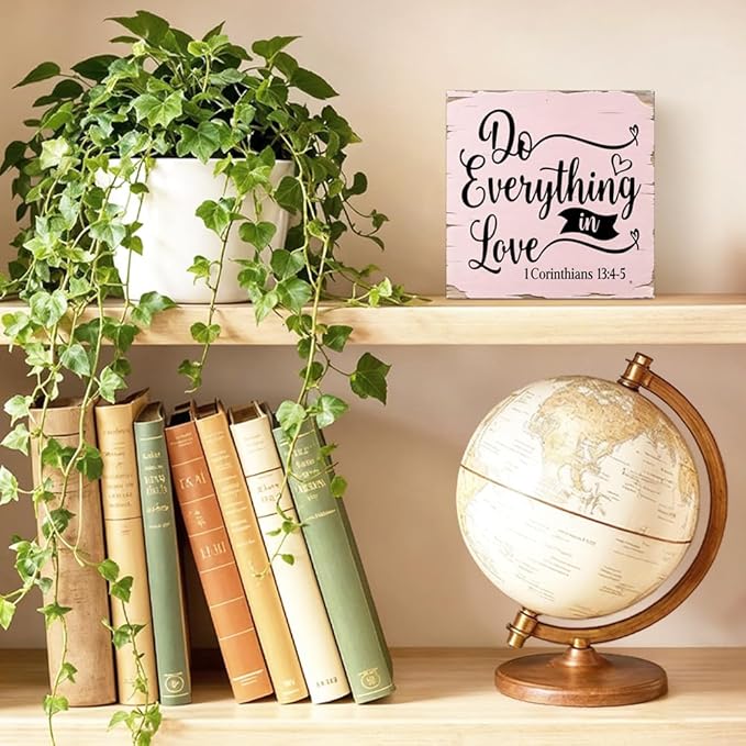 Do Everything In Love Corinthians 13:4-5 Bible Verse Wood Block Plaque Box Sign for Home Living Room Coffee House Bar Shelf Table Office Decoration, Valentine's Day Housewarming Home Decor