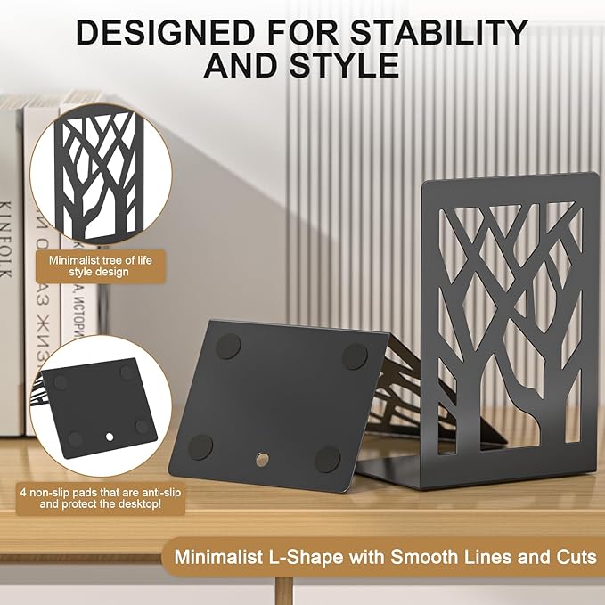 Bookends 8 Pieces, Tree Design Modern Metal Bookends for Shelves, Black Tree Book Ends Decorative Book Organizer for Desk, Decorative Shelve Book Stopper for Home Office