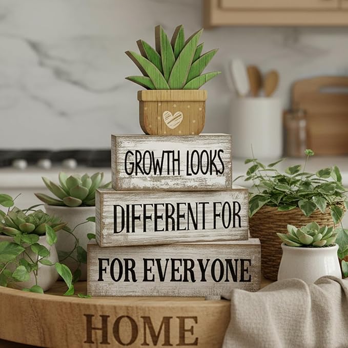 4 Pcs Inspirational Farmhouse Table Decor Growth Looks Different for Everyone Rustic Stacked Wooden Block Signs with Inspirational Quote Artificial Succulent for Home, Office, Shelf Gift