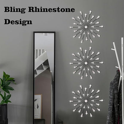ZEXUIRU 3 Pack Black Sunburst Wall Decor – Metal Crystal Wall Art with Sparkling Rhinestones, 14’’/18 Inch Starburst Wall Hanging Set for Living Room Bedroom Bathroom – Modern Bling Home Decorations