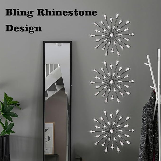 ZEXUIRU 3 Pack Black Sunburst Wall Decor – Metal Crystal Wall Art with Sparkling Rhinestones, 14’’/18 Inch Starburst Wall Hanging Set for Living Room Bedroom Bathroom – Modern Bling Home Decorations