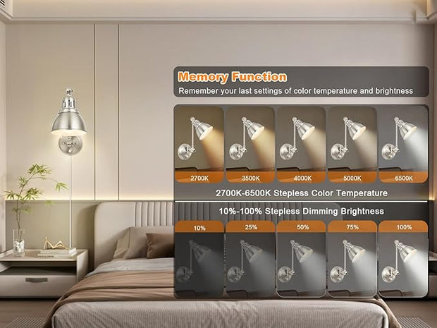 1 Pack Plug in Wall Sconce with Remote Control, Dimming, Adjustable Colors 2700K-6500K, Plug in Wall Light, Swing Arm Wall Lamp with Night Light & Timer, LED Bulb Included, Brushed Nickel