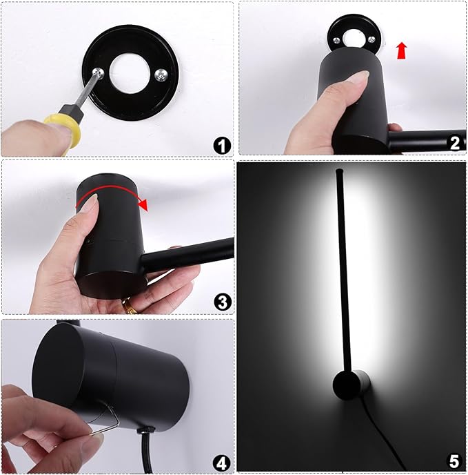 Kawell 19.7 Inch Rotatable LED Wall Sconce 12W Plug in Wall Light Bar with Switch Modern Black Linear Lamp for Bedroom Living Room Office, Cold White