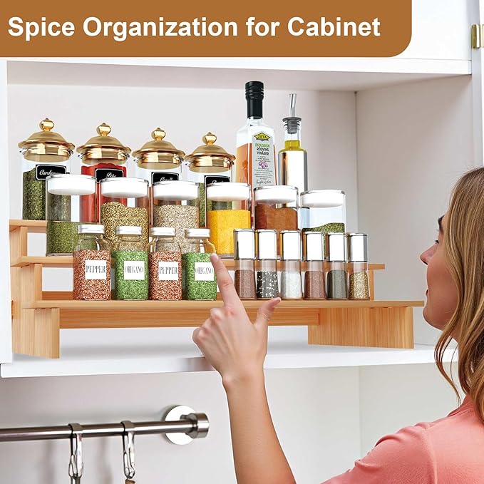 JinDoWin 3 Tiered Spice Rack Organizer for Cabinet,Spice Organization for Cabinet,Seasoning Organizer,Spice Shelf and Spice Organizer for Cabinet,Pantry Organizers and Storage (1 Pack, Medium)