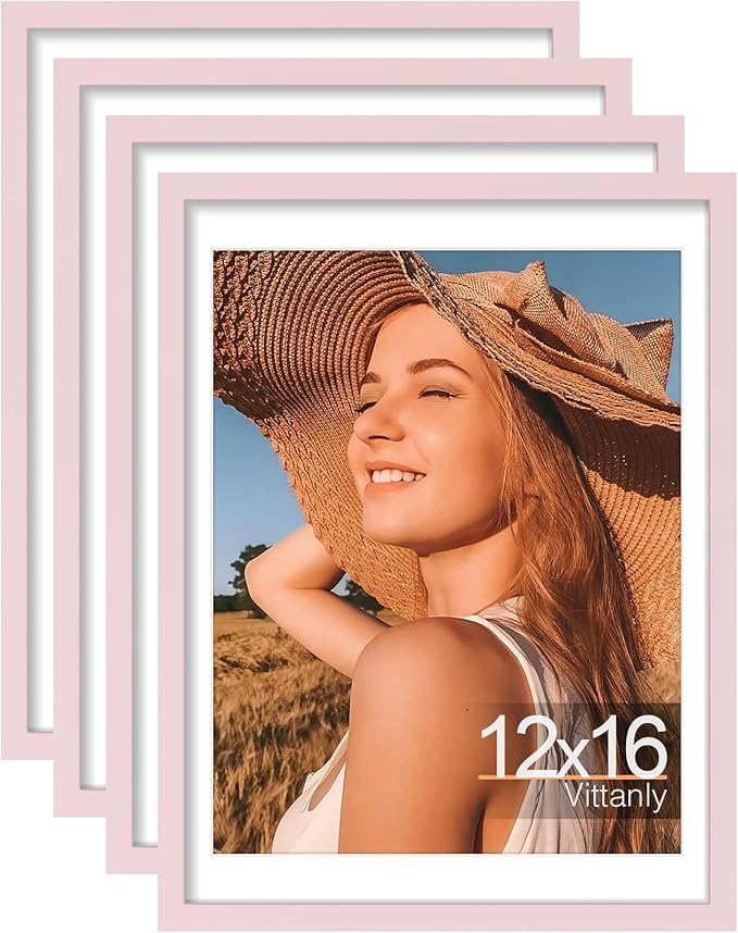 Vittanly 12x16 Picture Frames Set of 4, Display Pictures 11x14 with Mat or 12x16 without Mat, Gallery Frame for Wall Display, Engineered Wood with Shatter Resistant Plexiglass, Pale Pink