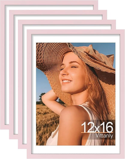 Vittanly 12x16 Picture Frames Set of 4, Display Pictures 11x14 with Mat or 12x16 without Mat, Gallery Frame for Wall Display, Engineered Wood with Shatter Resistant Plexiglass, Pale Pink