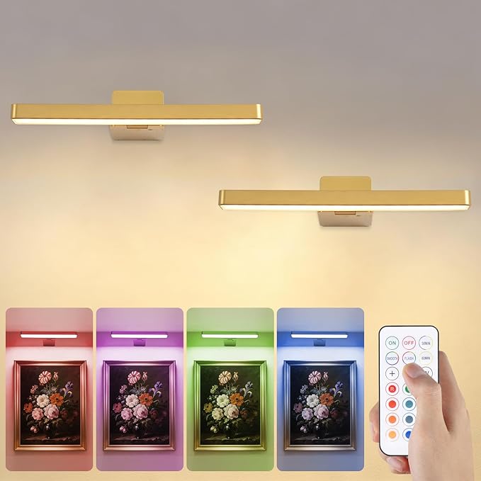 Picture Lights for Wall Battery Operated Gold Wireless Art Light for Paintings, Rechargeable Display Lighting for Picture with Remote Control, RGB Poster Lights for Frame, Gallery, Portraits, 2 Pack