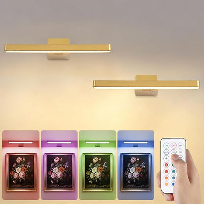 Picture Lights for Wall Battery Operated Gold Wireless Art Light for Paintings, Rechargeable Display Lighting for Picture with Remote Control, RGB Poster Lights for Frame, Gallery, Portraits, 2 Pack