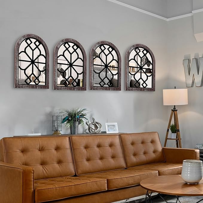 ZEXUIRU Set of 4 Arched Window Wall Mirror Rustic Farmhouse Accent Mirror Wood Framed Entry Wall Decoration for Living Room Bathroom Bedroom Kitchen