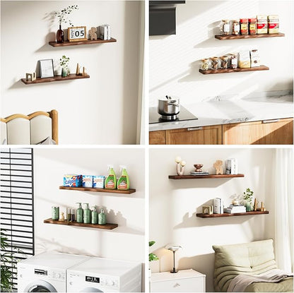 Floating Shelves for Wall Rustic Farmhouse 36 Inch Floating Shelf Bathroom Wooden Shelves for Wall Mounted Live Edge Pine Shelf with Unique Natural Grain for Living Room Bedroom Kitchen (Walnut)