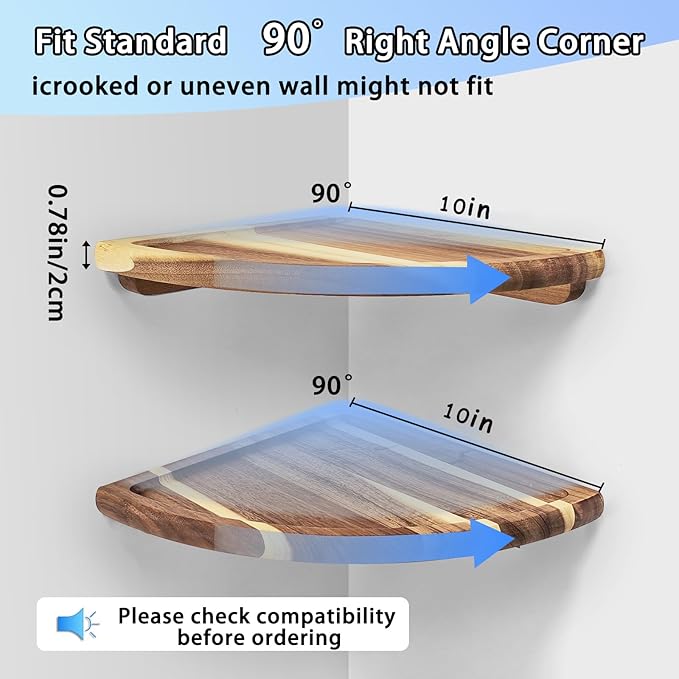 Floating Corner Shelve, 10 Inch Acacia Wood Corner Shelf Set of 2, Corner Shelf wall Mounted for Living Room, Bedroom, Bathroom, Office, Kitchen (Natural Wood Colour)