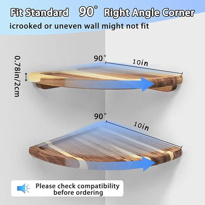Floating Corner Shelve, 10 Inch Acacia Wood Corner Shelf Set of 2, Corner Shelf wall Mounted for Living Room, Bedroom, Bathroom, Office, Kitchen (Natural Wood Colour)