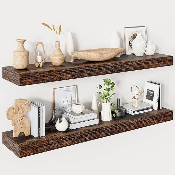 Heimlove 40 Inches Floating Shelves for Wall,9.3" Deep Rustic Brown Long Floating Shelves Set of 2,Large Display Shelf & Storage Shelf,Wall Shelf for Bathroom Bedroom Living Room Kitchen Office