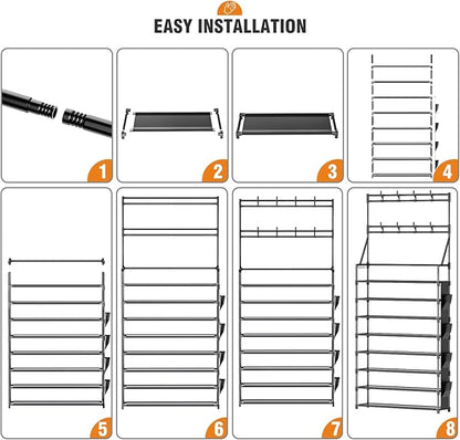 OYREL Shoe Rack 8 Tier Large Shoe Organizer Storage 32-40 Pairs Metal Shoe Storage Rack with Hooks and Side Pocket for Entrance Entryway Closet Shoe Shelf Holder