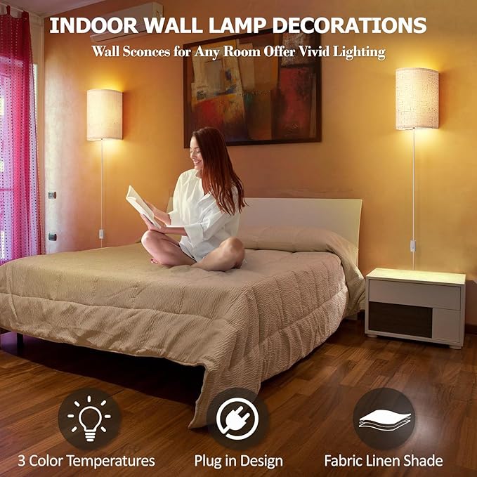 OCATO Plug in Wall Sconces Set of Two: Wall Light Wall Lamp with On/Off Switch 3000K 4500K 6000K Selectable Fixtures Fabric Linen Shade Wall Decor Wall Lights for Bedroom Living Room Hallway Indoor
