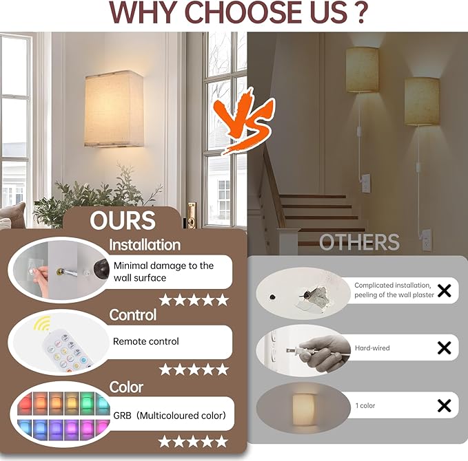 Adhesive Battery Operated Wall Sconce Set of 2, 6000 mAh Battery Rechargeable Bulb with 12 RGB Colors, Stick on Cuboid Wall Sconce No Drill Wall Lights, Linen