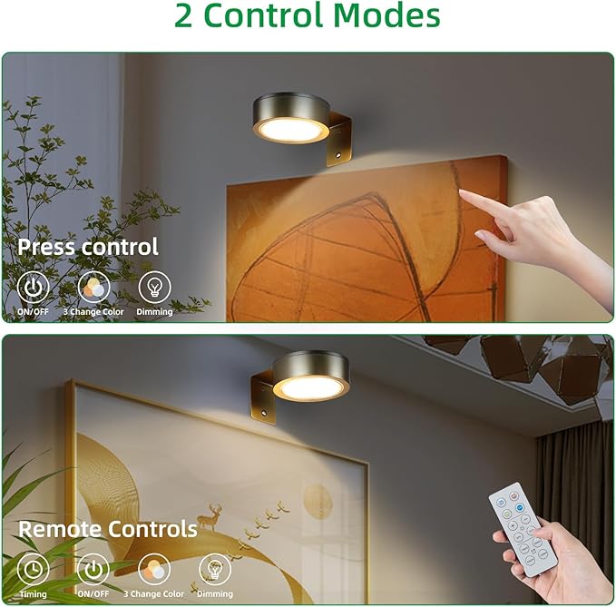 2 Pack Wireless Picture Lights for Wall, Magnetic Gold Rechargeable Picture Light Battery Operated with Remote 3 Lighting Modes Painting Light for Art Display, Battery Wall Lights for Photo Gallery
