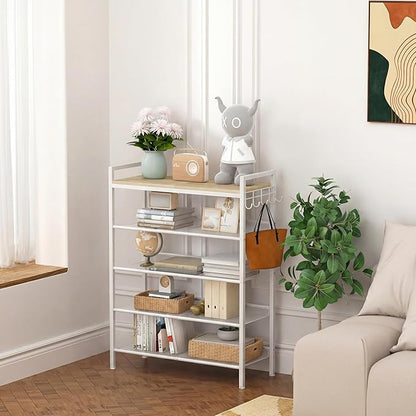 Refrze Shoe Rack for Front Door Entrance, 5 Tier Height-Adjustable Metal Shoe Rack, Sturdy Wooden Top and Tiltable Steel Frame Heavy Duty Shoe Organizer for Bathroom,Bedroom,Kitchen，Include Hook