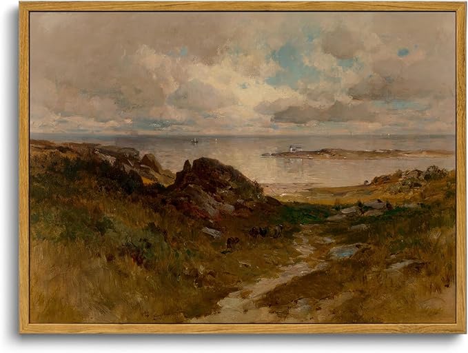 OIQArtOIQ Framed Vintage Landscape Wall Art Coast Natural Scenery Oil Painting Canvas Prints Country Farmhouse Aesthetic Decor Pictures for Kitchen Bedroom Living Room Bathroom