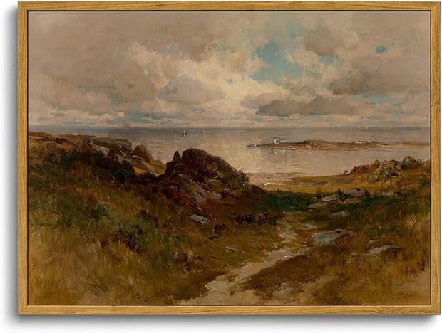 OIQArtOIQ Framed Vintage Landscape Wall Art Coast Natural Scenery Oil Painting Canvas Prints Country Farmhouse Aesthetic Decor Pictures for Kitchen Bedroom Living Room Bathroom