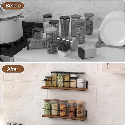Spice Rack Self-Adhesive or drilling, Rustic Style Hanging Spice Rack, Spice Organization for Cabinet Door or Wall Mount, Over The Stove, Kitchen Wall, 6-Pack